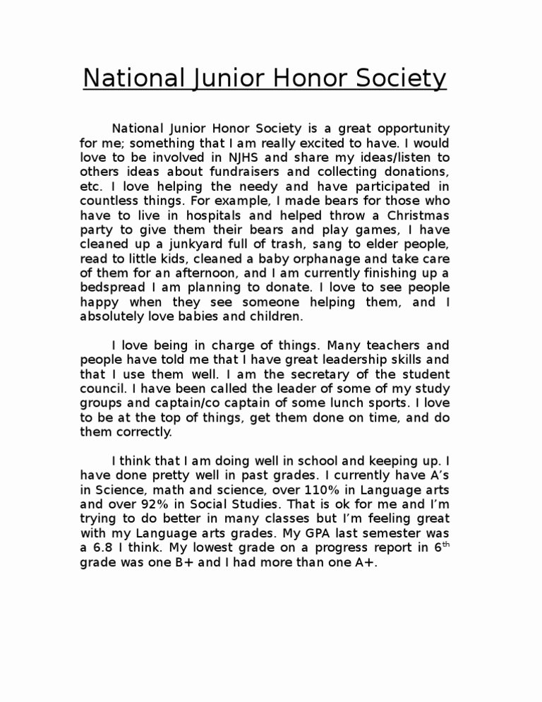 National Junior Honor Society application essay