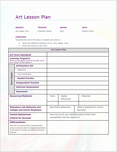 Art Lesson Plan Template Inspirational Art Lesson Plan Template – Word Templates for Free Download