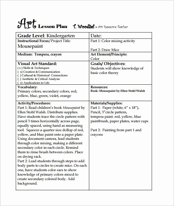 Art Lesson Plans Template Awesome Art Lesson Plan Template