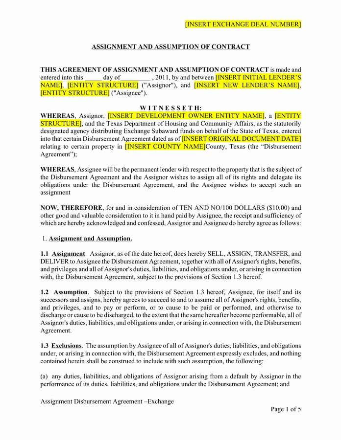 Assignment and assumption Agreement Template Elegant assignment and assumption Of Contract Texas In Word and Pdf formats