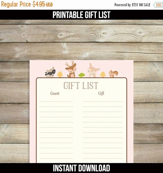 Baby Shower Gift Tracker Elegant Off Sale Woodland Guest Gift List Baby Shower by Drawmeaparty