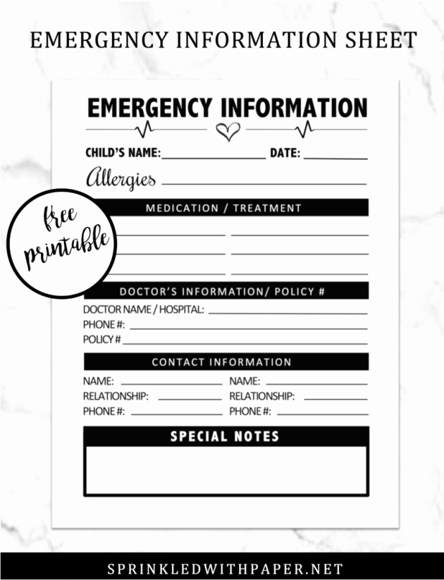 Babysitter Emergency Information Sheet Awesome Free Printable Emergency Information Sheet Sprinkled with Paper