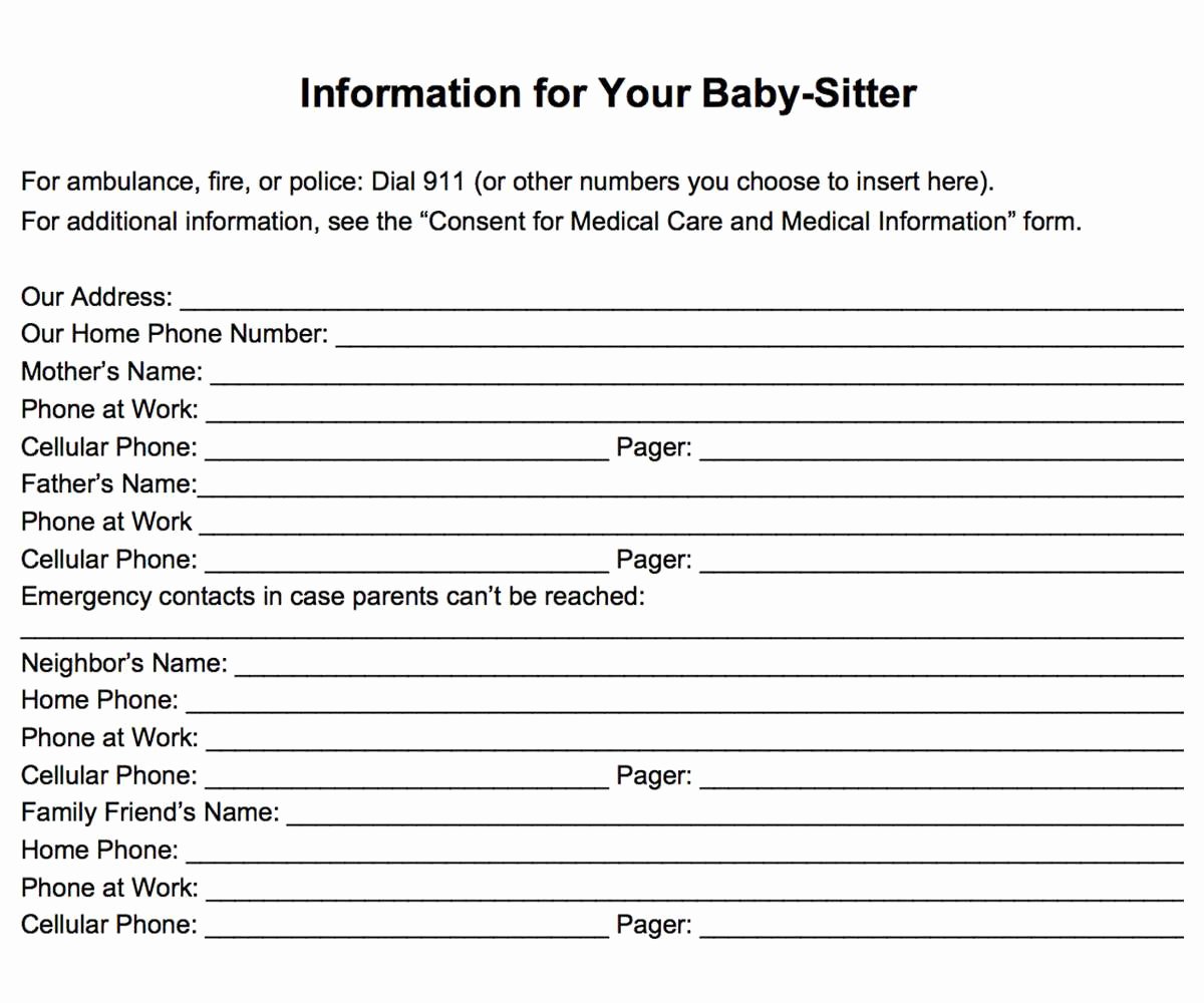 Babysitter Emergency Information Sheet Lovely Childcare
