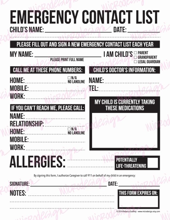 Babysitter Emergency Information Sheet Lovely Emergency Contact form for Nanny Babysitter or by Microdesign