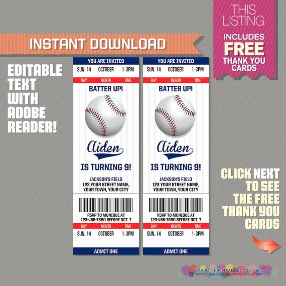 Baseball Ticket Birthday Invitations Awesome Baseball Ticket Invitation with Free Thank You Card