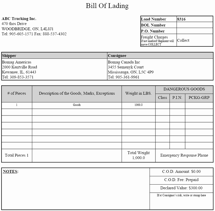 Bill Of Lading Sample Doc Fresh Bill Lading form