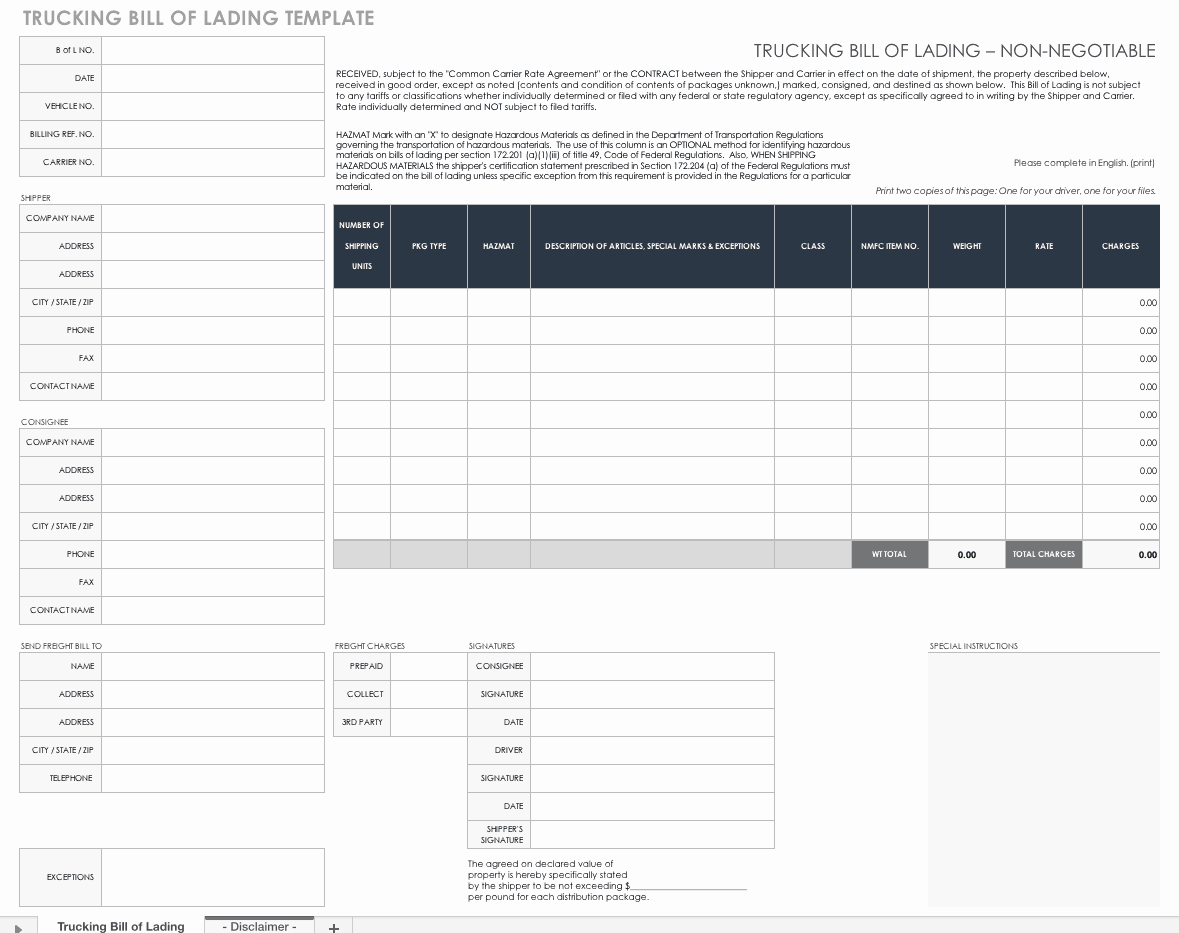 Bill Of Lading Template Excel Lovely Free Bill Of Lading Templates