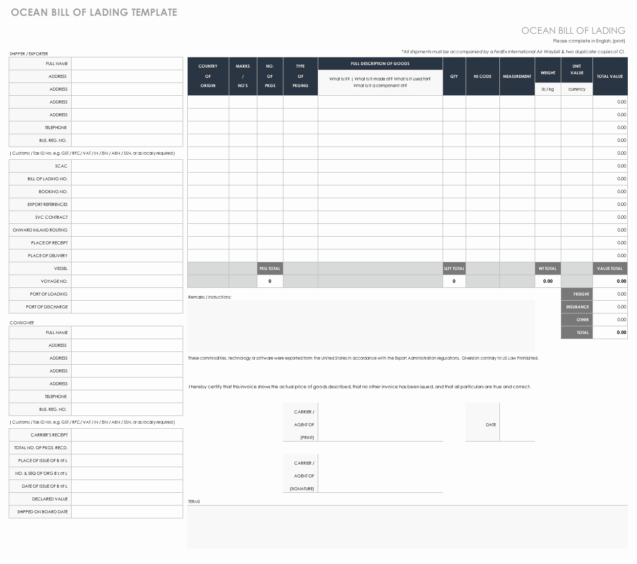 Bill Of Lading Template Excel Lovely Free Bill Of Lading Templates