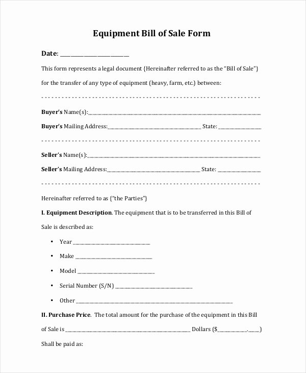 Bill Of Sale Equipment New Free 7 Sample General Bill Of Sale forms