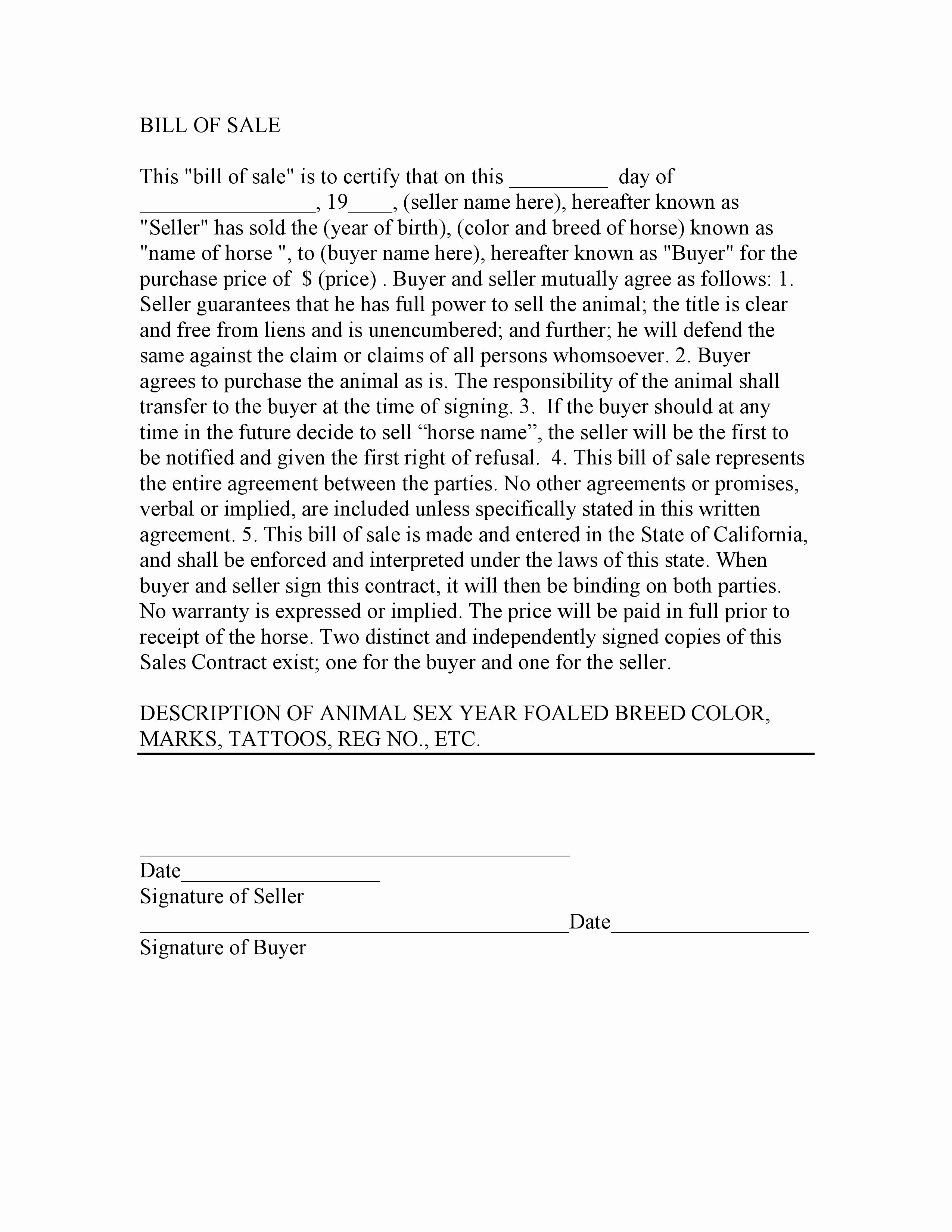 Bill Of Sale for Horse Awesome Free California Horse Bill Of Sale Template Pdf