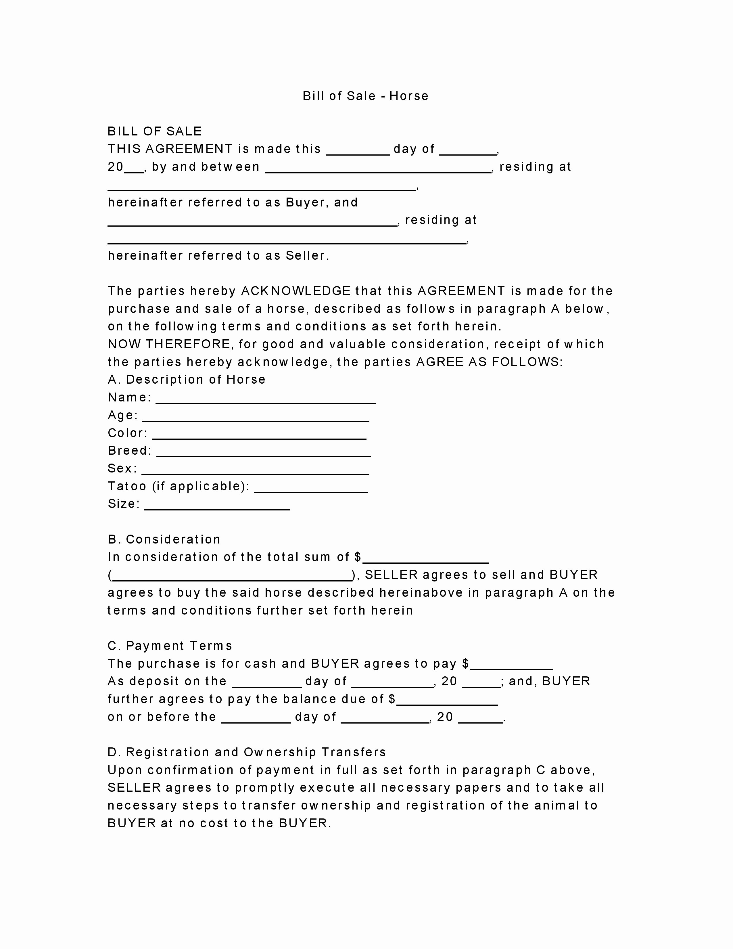 Bill Of Sale for Horse New Free Horse Bill Of Sale Pdf