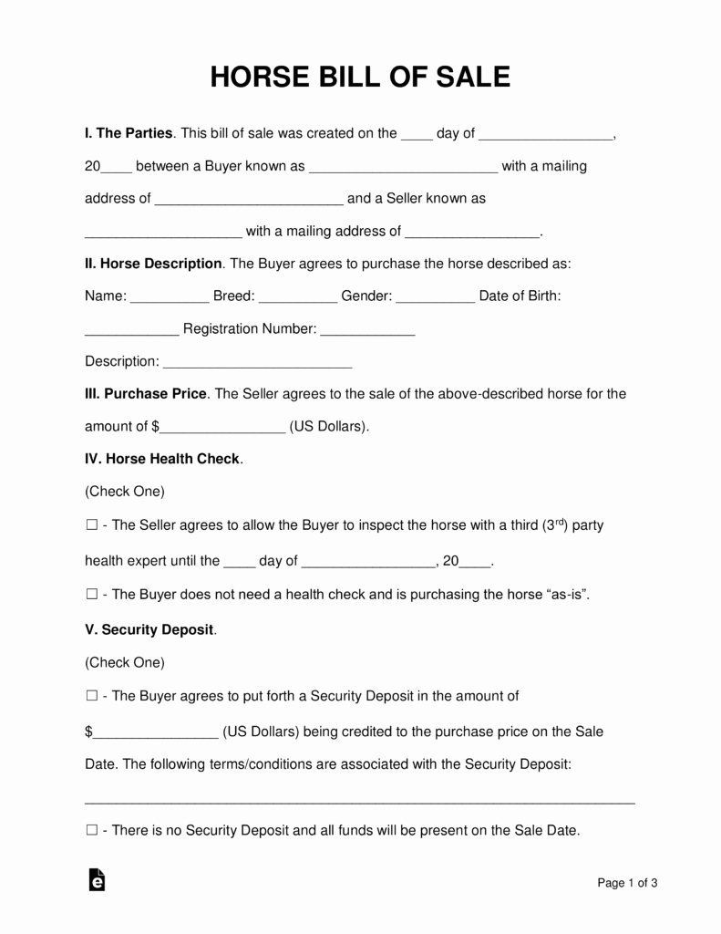 Bill Of Sale Horse Awesome Free Horse Bill Of Sale form Word Pdf