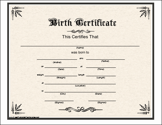 Birth Certificate Template Word Fresh A Basic Printable Birth Certificate with An Elaborate Historic Font and Decorative Black Border