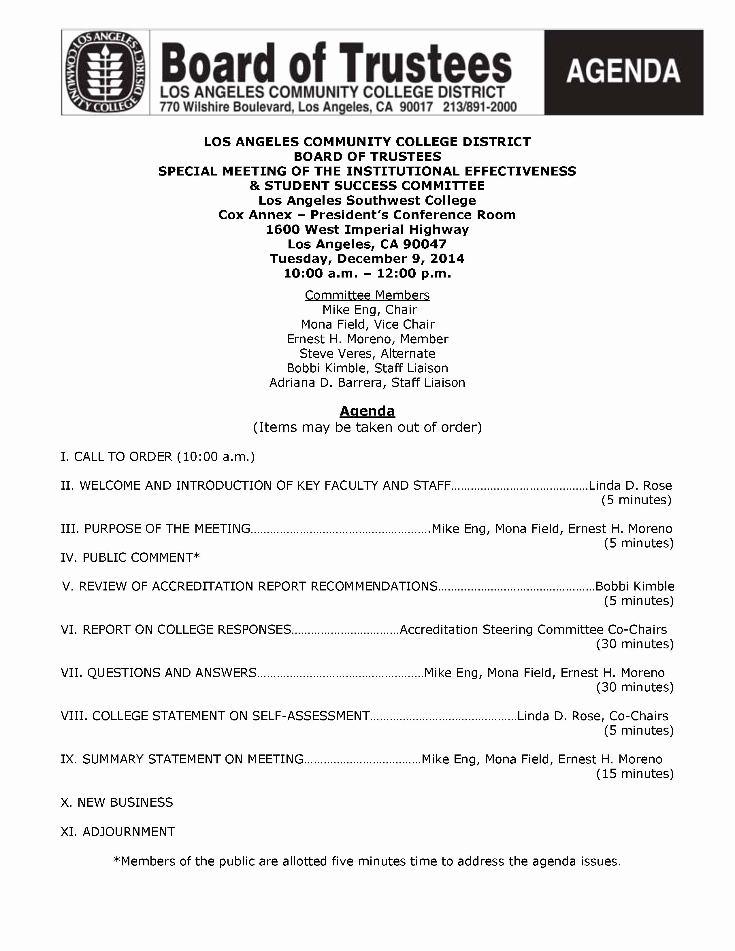 Board Of Directors Meeting Agenda New Board Of Trustees Meeting Tuesday at Lasc