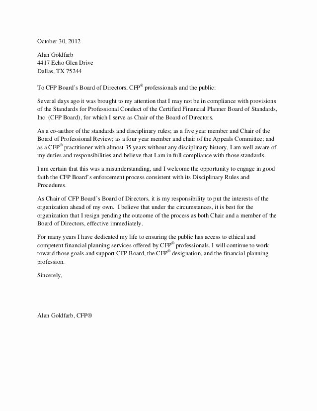 Board Of Directors Resignation Letter Inspirational Goldfarb Resignation Letter 10 30 2012