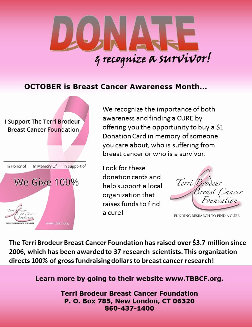 Breast Cancer Fundraiser Flyer Beautiful Terri Brodeur Breast Cancer Foundation $1 Donation Card Campaign