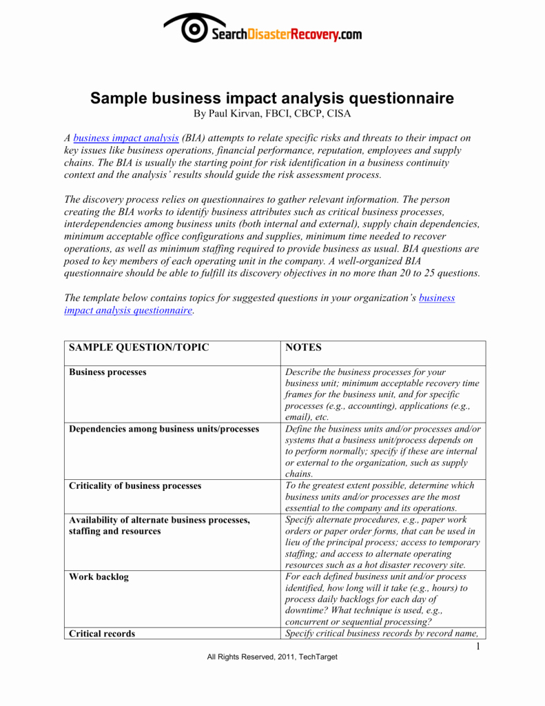 Business Impact Analysis Example Beautiful Sample Business Impact Analysis Questionnaire