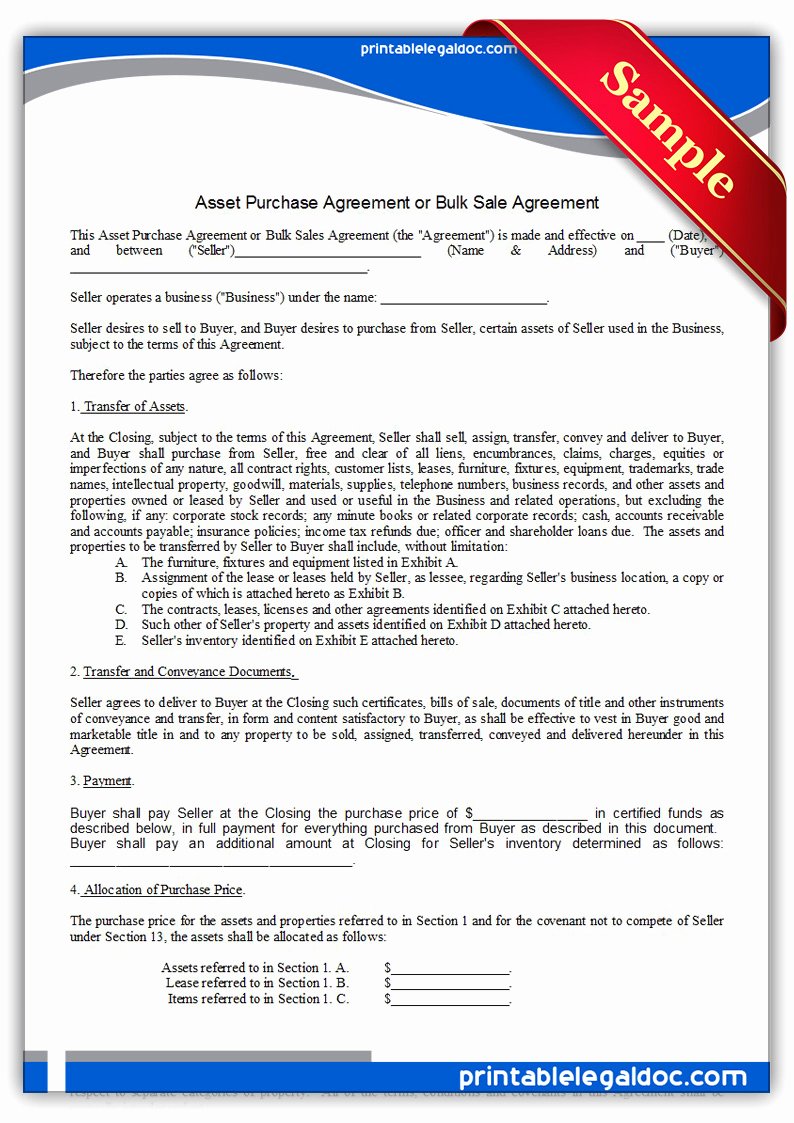 Buy Sell Agreements forms New Free Printable asset Purchase Agreement form Generic