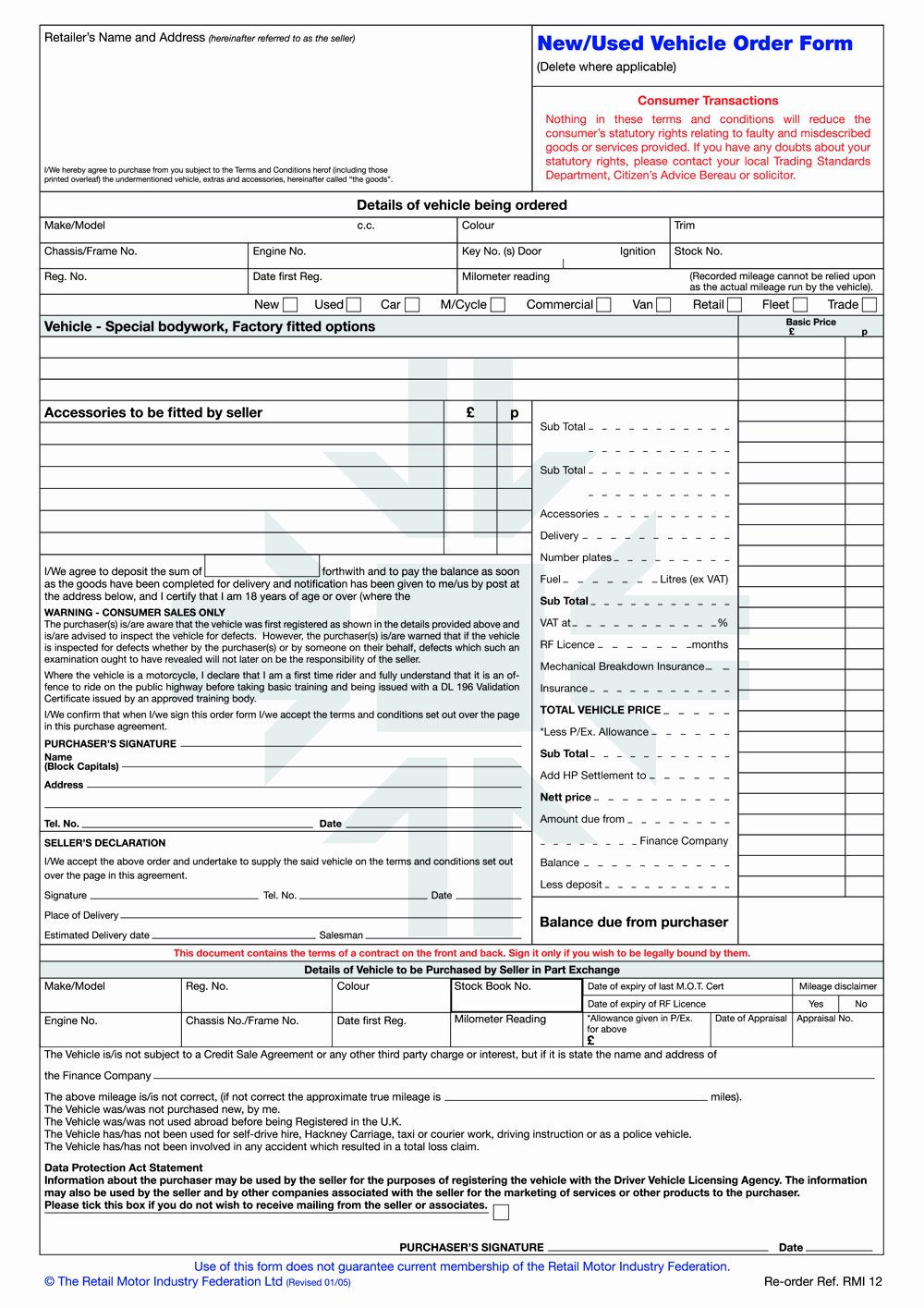 Buyer order for Car Best Of Rmi012p New Used Vehicle order form Pad Rmi Webshop