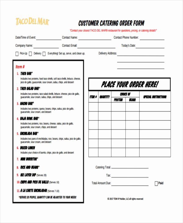 Catering order forms Template Fresh Free 9 Catering order form In Sample Example format