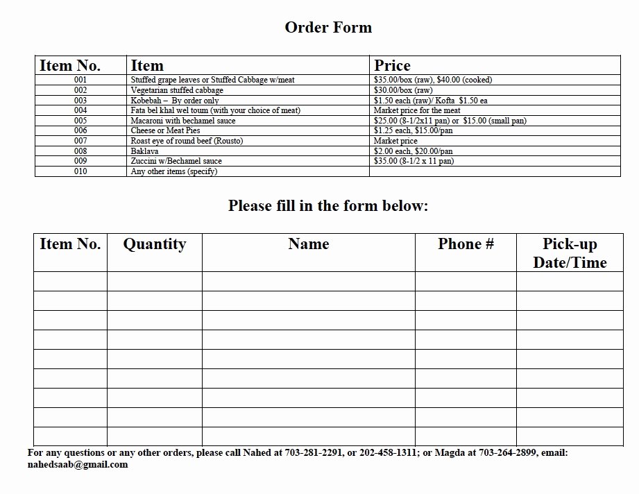 Catering order forms Template Lovely Catering order form