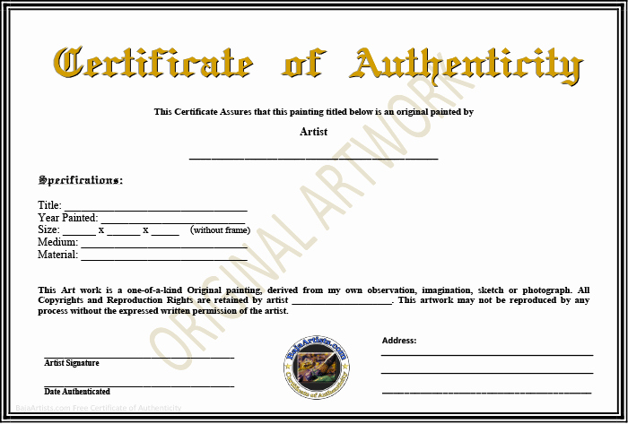 Certificate Of Authenticity Artwork Template Inspirational Certificate Of Authenticity Template Certificate Templates