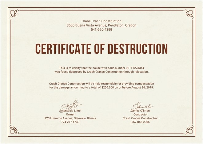 Certificate Of Destruction Template Inspirational Certificate Destruction Templates 10 Free Pdf format Download