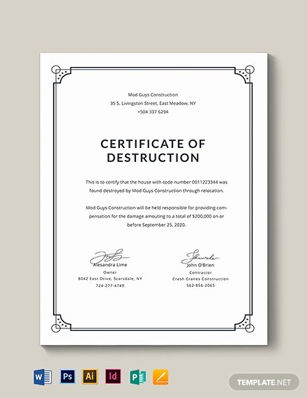 Certificate Of Destruction Template Luxury Certificate Of Destruction Template Word Psd Indesign Apple Pages