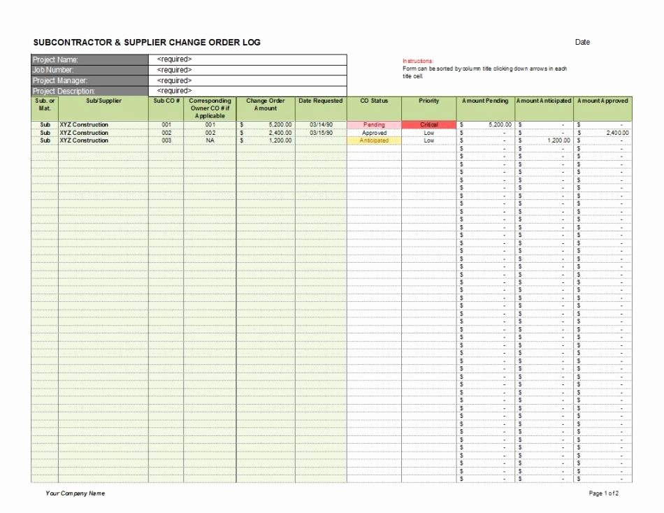 Change order form Excel Unique Subcontractor Supplier Change order Log 2 Cms