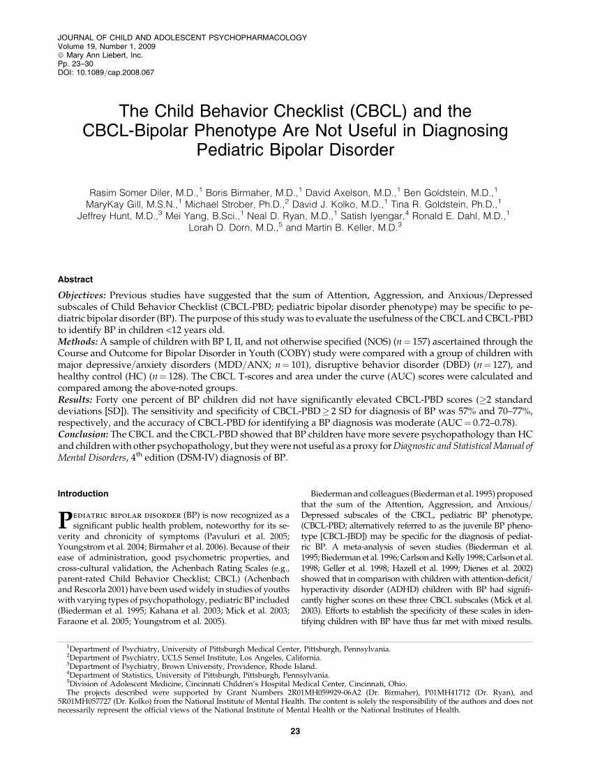 Child Behavior Checklist Pdf Elegant Pdf the Child Behavior Checklist Cbcl and the Cbcl Bipolar Phenotype are Not Useful In
