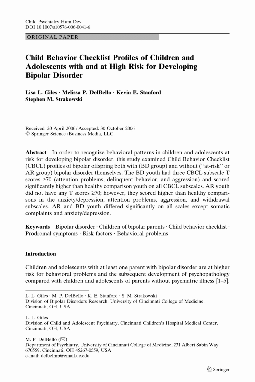 Child Behavior Checklist Pdf New Pdf Child Behavior Checklist Profiles Of Children and Adolescents with and at High Risk for