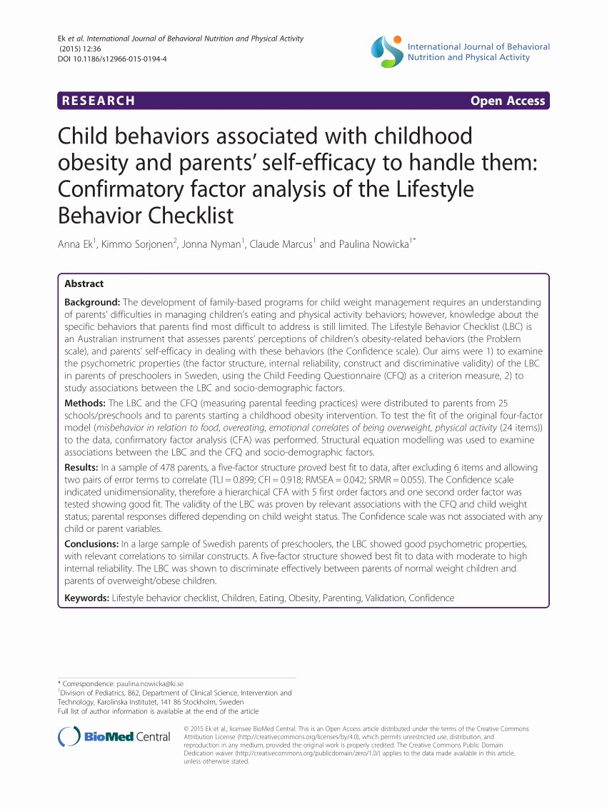 Child Behavior Checklist Pdf New Pdf Child Behaviors associated with Childhood Obesity and Parents’ Self Efficacy to Handle