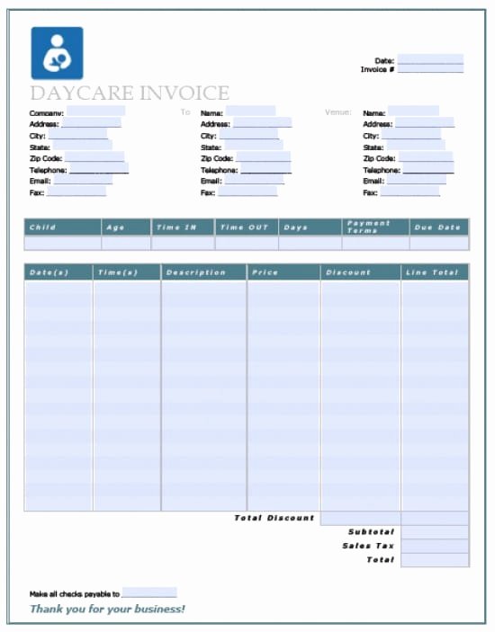 Child Care Payment Receipt New Child Care Invoice Template