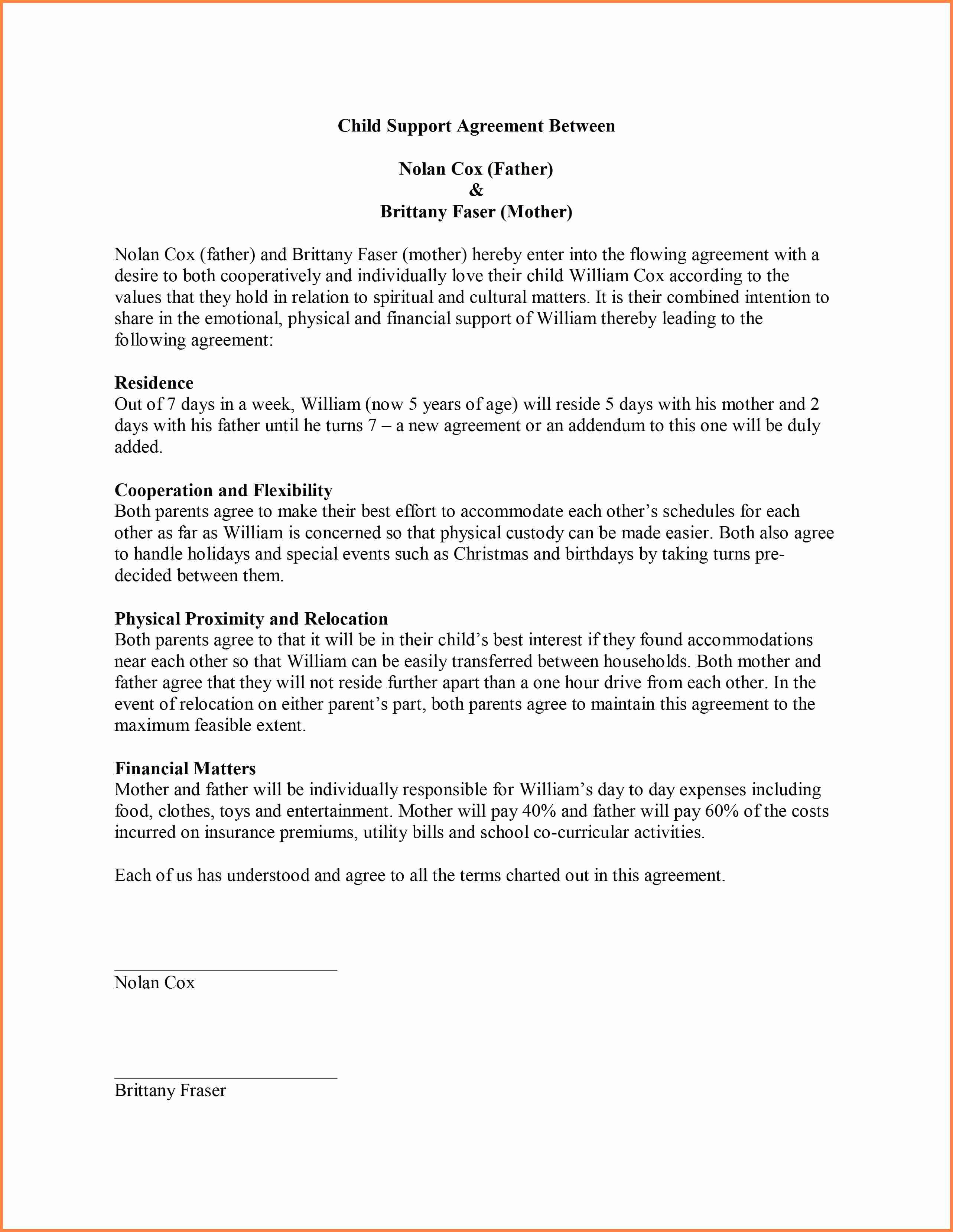 Child Support Agreement Letter Beautiful 9 Sample Child Support Agreement Letter Template
