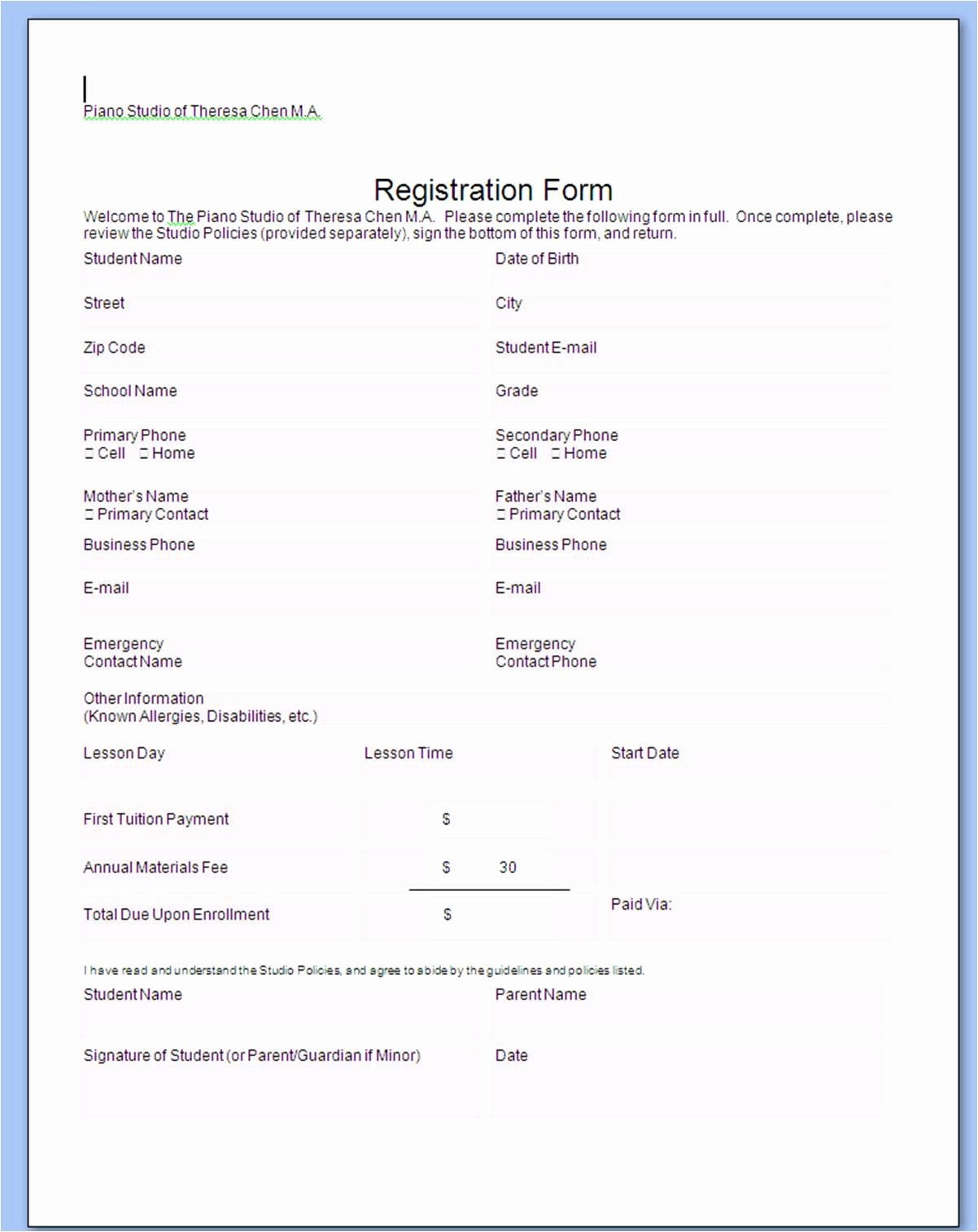 Class Registration form Template Lovely 301 Moved Permanently