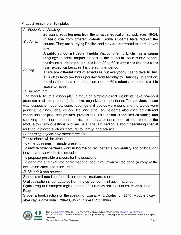 College Lesson Plan Template Inspirational Phase 2 Lesson Plan Template Paths to Success In English Language Tea…