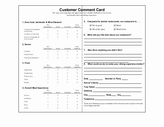 Comment Card Template Word New Customer Ment Cards
