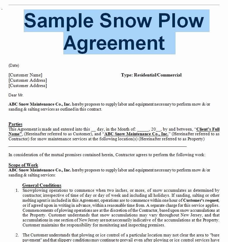 Commercial Snow Plowing Contracts Best Of Snow Removal Agreement and Contract