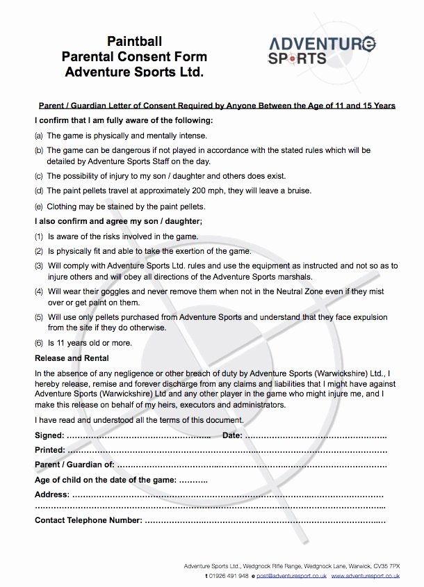 Consent form Sample for Parents Luxury Paintball Parental Consent