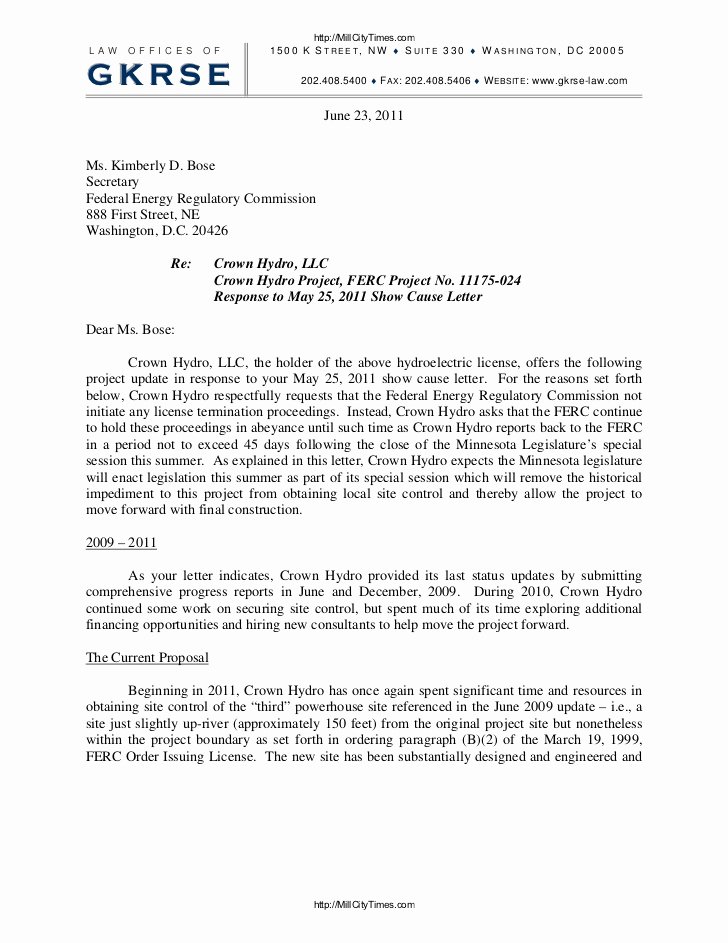 Construction Contract Termination Letter New Crown Hydro Response to Ferc Termination Letter