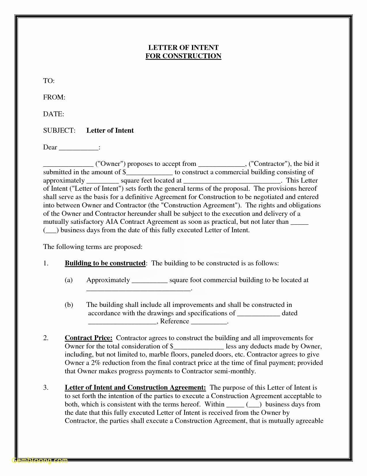 Construction Letter Of Intent Template New Construction Letter Intent Template Examples