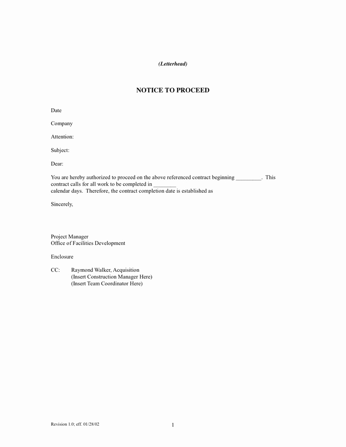 Construction Notice to Proceed Luxury Notice to Proceed In Word and Pdf formats