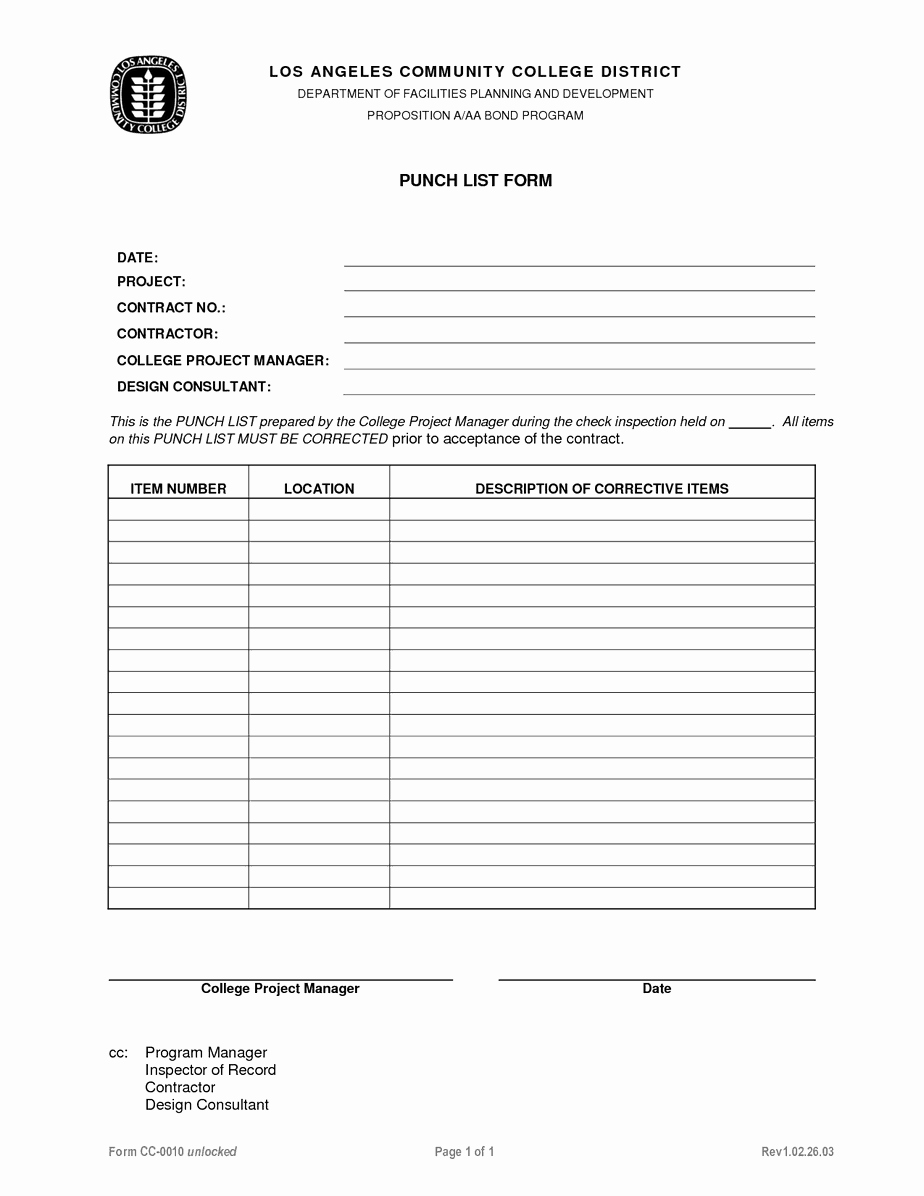 Construction Punch List Template Fresh Punch List Template Word Excel Pdf formats