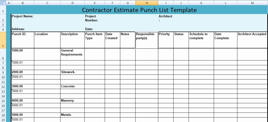Construction Punch List Template New Construction Project Punch List Template – Free Download