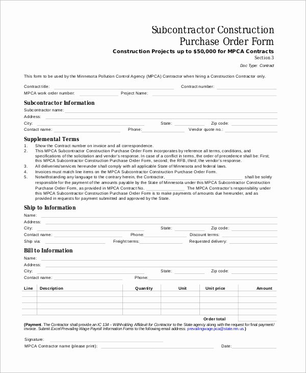 Construction Purchase order Template Luxury Sample Purchase order 41 Examples In Word Pdf