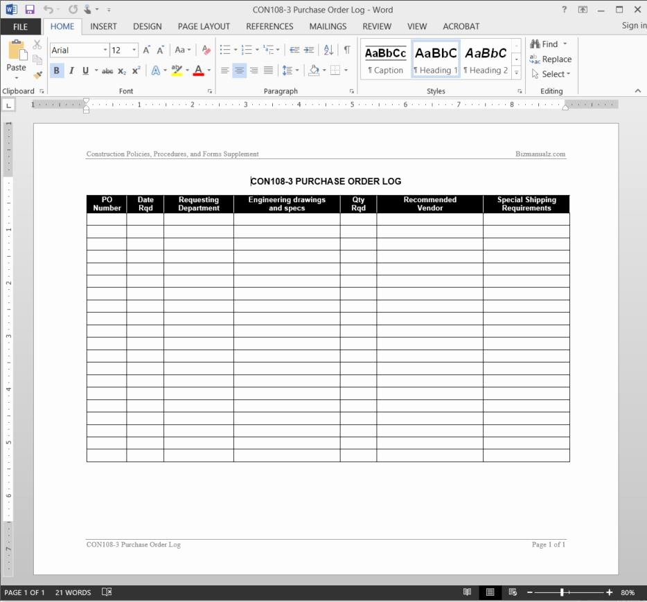 Construction Purchase order Template New Project Purchase order Log Template