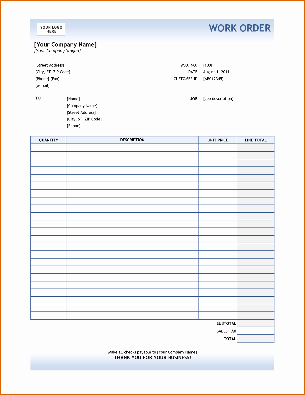 Construction Work order Template Luxury 8 order forms Template