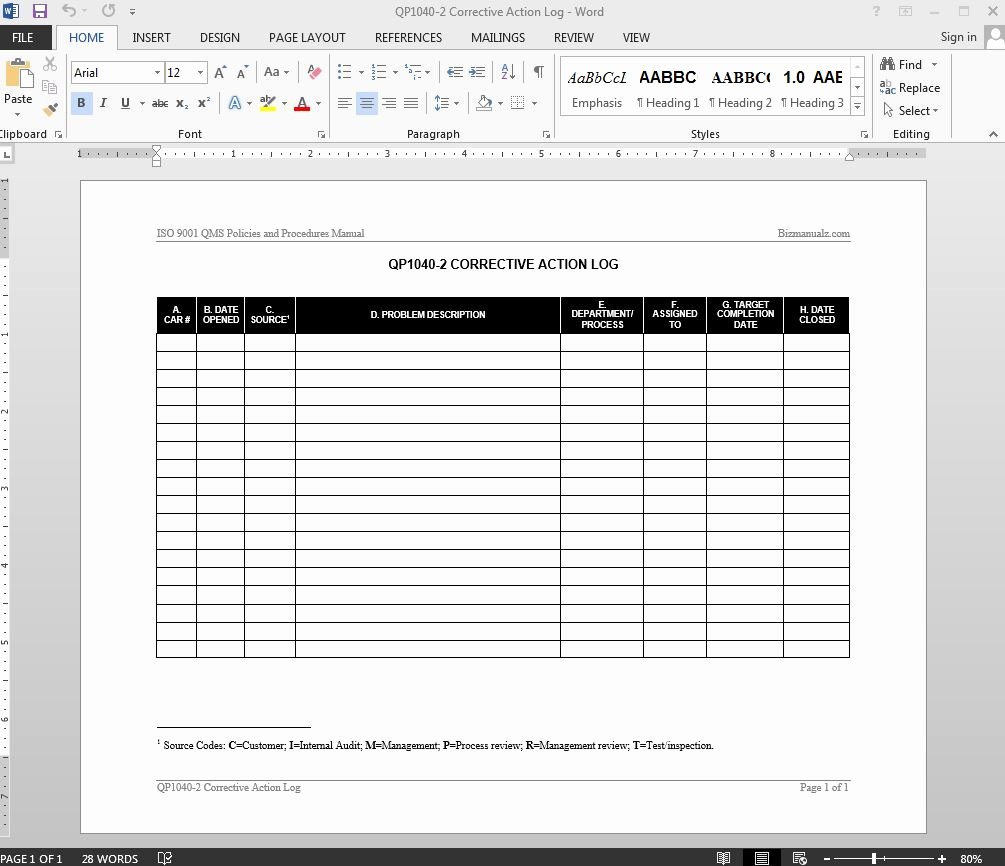 Corrective Action Plan Template Best Of Corrective Action Log iso Template