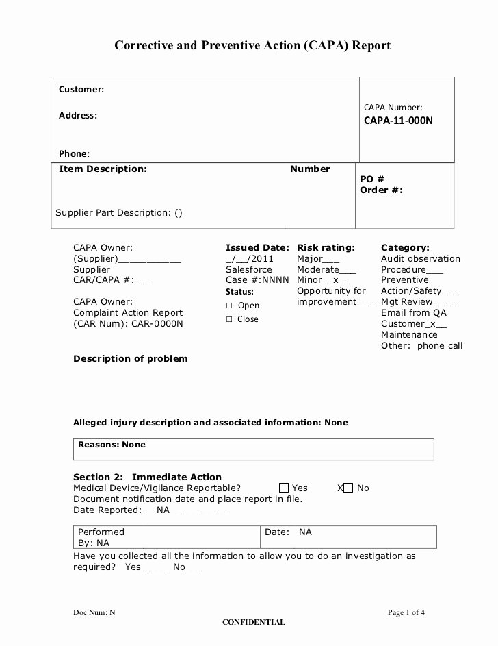 Corrective Action Report Template Awesome Corrective and Preventive Action Plan Capa Report form