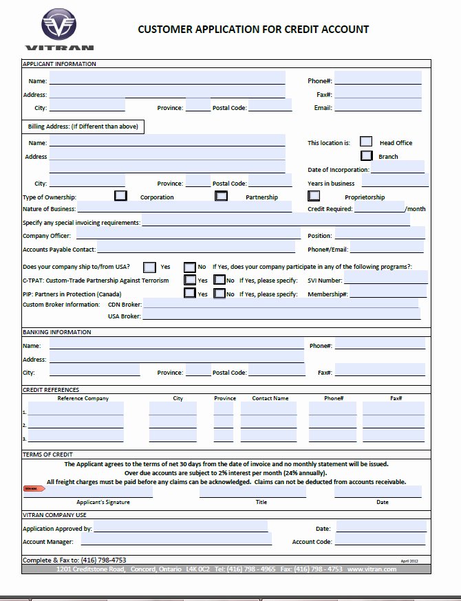 Credit Application form Pdf Unique Vitran Express